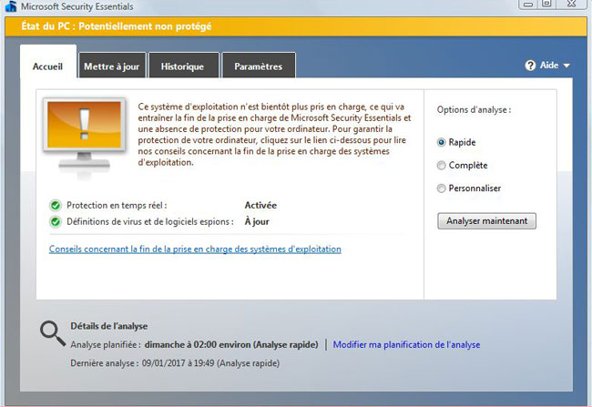 Microsoft Security Essential - Arrêt sur Windows Vista