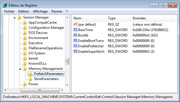 PrefetchParameters sous Windows 7