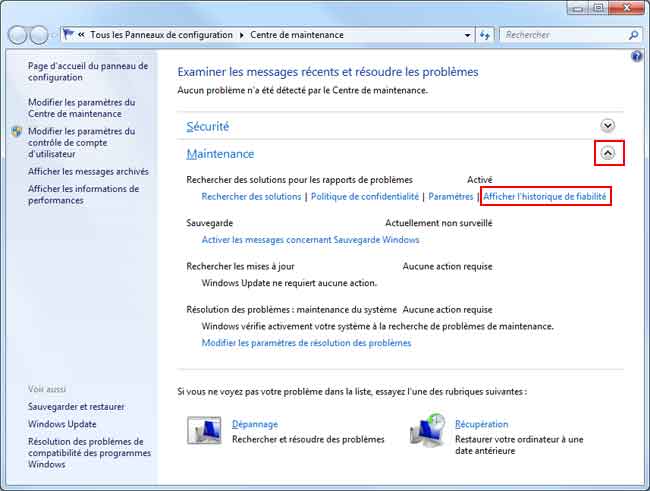 Windows 7 : Centre de maintenance