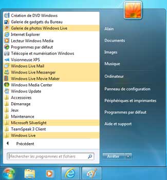 Menu Démarrer avec Windows Live 2011