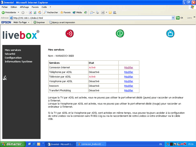 Fenêtre de configuration de la LiveBox Inventel
