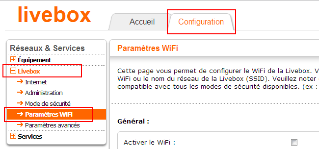 Paramétrage WiFi de la Livebox 2