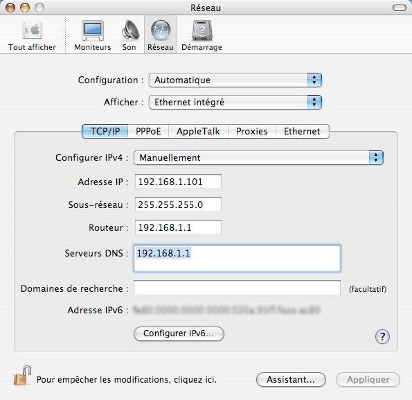 Configuration du Mac en réseau : adresse IP fixe