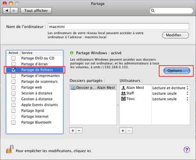 Partage de fichiers Mac OS X