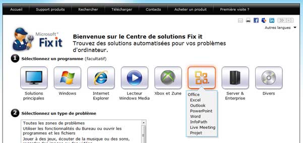 Utilisation de Microsoft Fix it Centre de Solutions