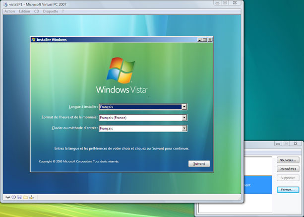 Démarrage de l'installation de Vista sous Virtual PC