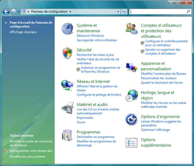 Panneau de configuration sous Windows Vista