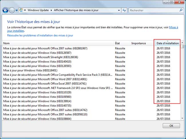 Windows Vista  - Windows Update - Historique