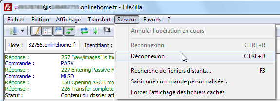 FileZilla : Déconnexion