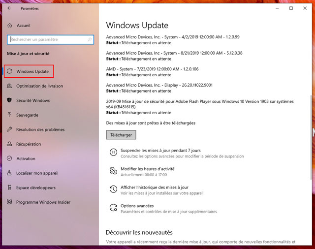 Windows 10 : Paramètres - Mises à jour et sécurité - Windows Update