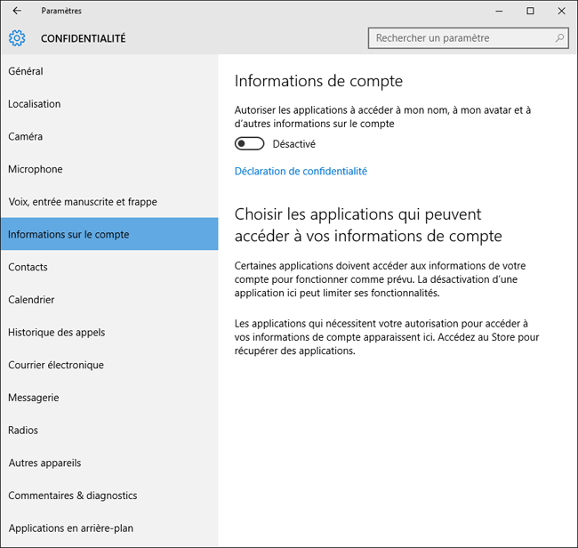 Windows 10 : Paramètres, Confidentialité