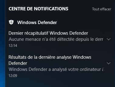 Windows 10 - Centre de notifications - Windows Defender