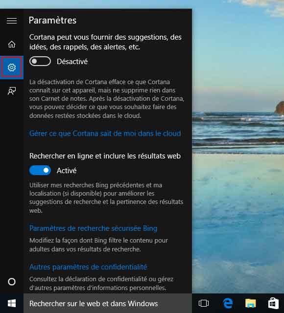 Windows 10 - Recherche - Paramètres
