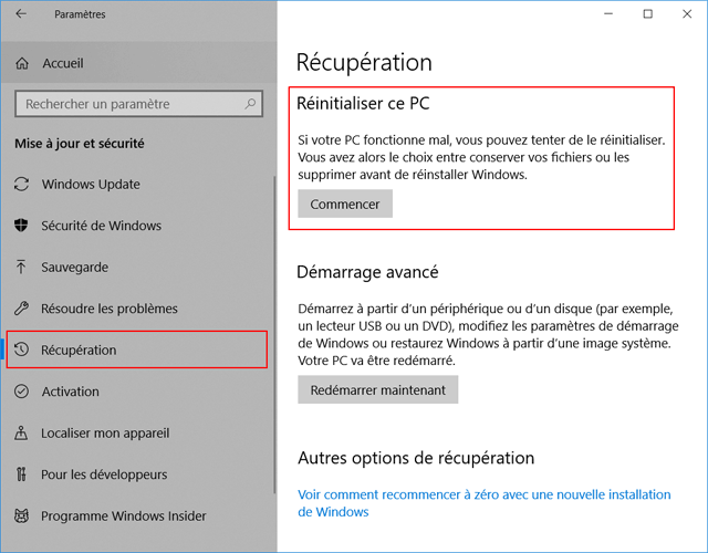 Windows 10 : Récupération : Réinitialiser ce PC