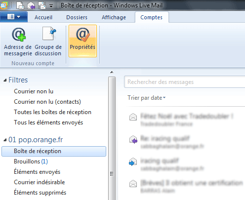 Windows Live Mail : Compte, Proprietés