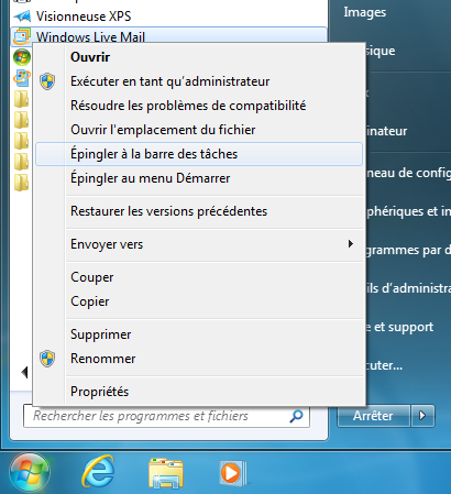 menu Démarrer, Windows Live Mail