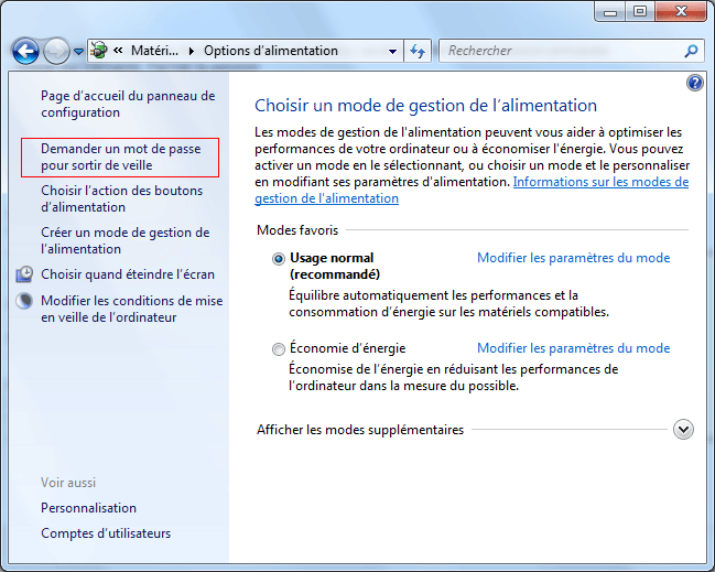 Windows 7 : Options d'alimentation