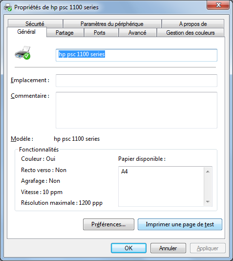 Windows 7 : Propriétés de l'imprimante