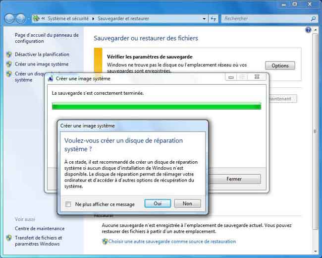 Windows 7 : Créer disque de réparation du système