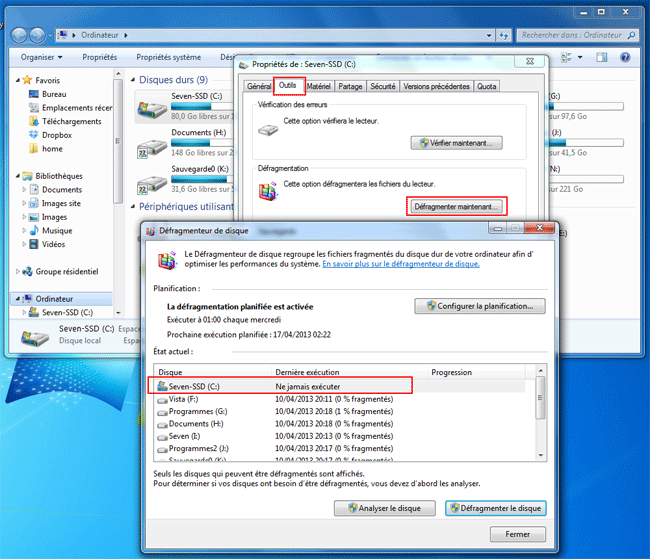Windows 7 : Défragmentation d'un lecteur SSD
