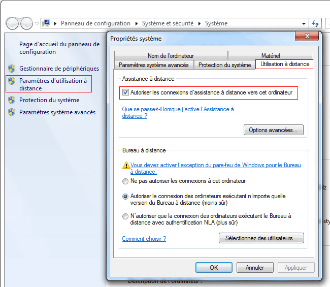 Windows 7 : Activer Assistance à distance