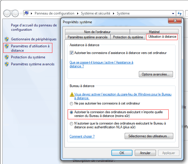 Windows 7 : Autoriser Bureau à distance