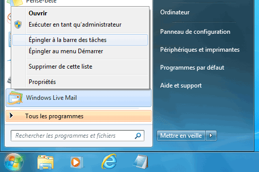 Windows Live Mail dans le menu Démarrer