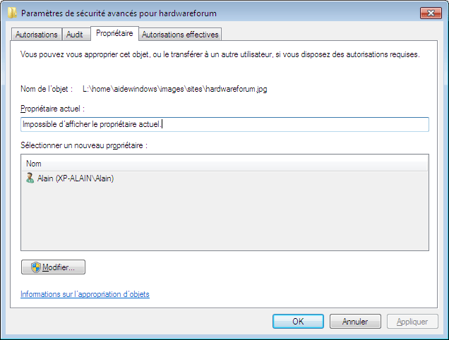 Windows 7 : Impossible d'afficher le propriétaire actuel