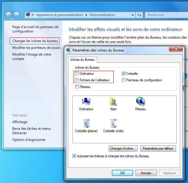 Affichage des icônes sur le Bureau : Windows 7
