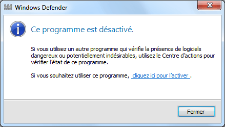 Windows Defender désactivé