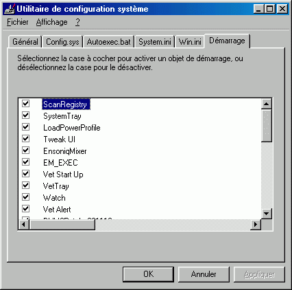 msconfig onglet Démarrage sous Windows 98
