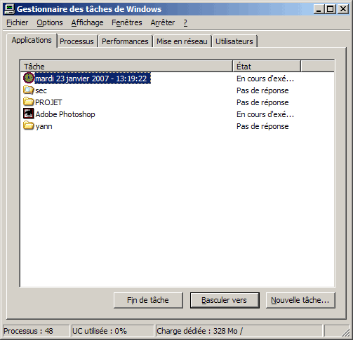 Gestionnaire des tâches sous Windows XP