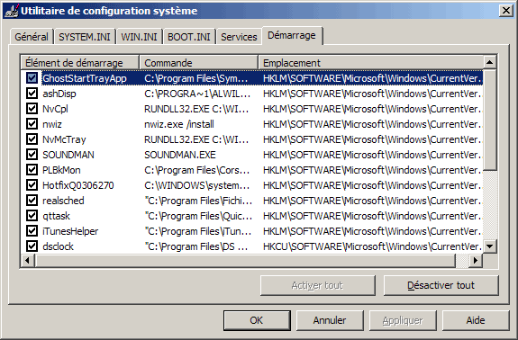 msconfig onglet Démarrage sous Windows XP