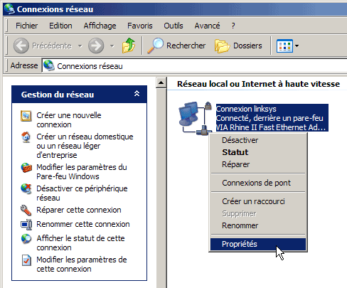 Windows XP :Propriétés de la carte réseau