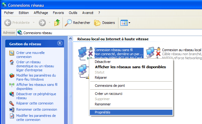 Windows XP : PropriÃ©tÃ©s de la carte Wi-Fi